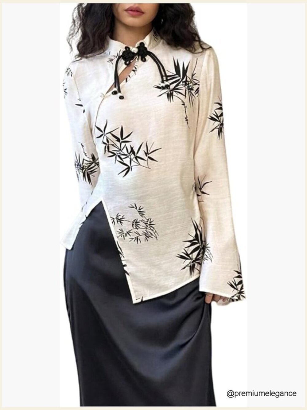 Floral Print Mock Neck Long Sleeve Split Blouse Cheongsam Top